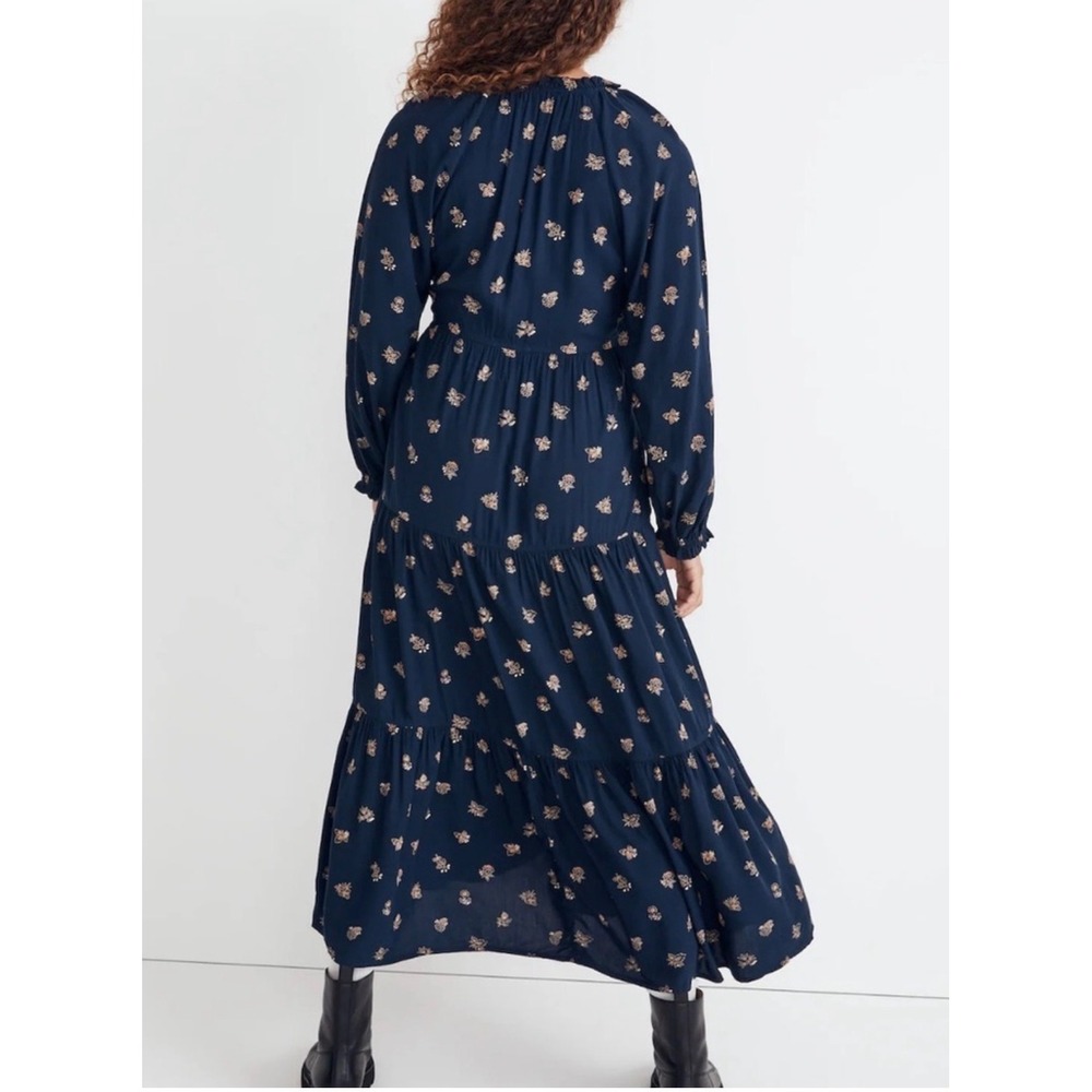 Madewell Challis Tiered Midi Long Sleeve Floral Dress Size XS Navy Blue‎ - Picture 3 of 9